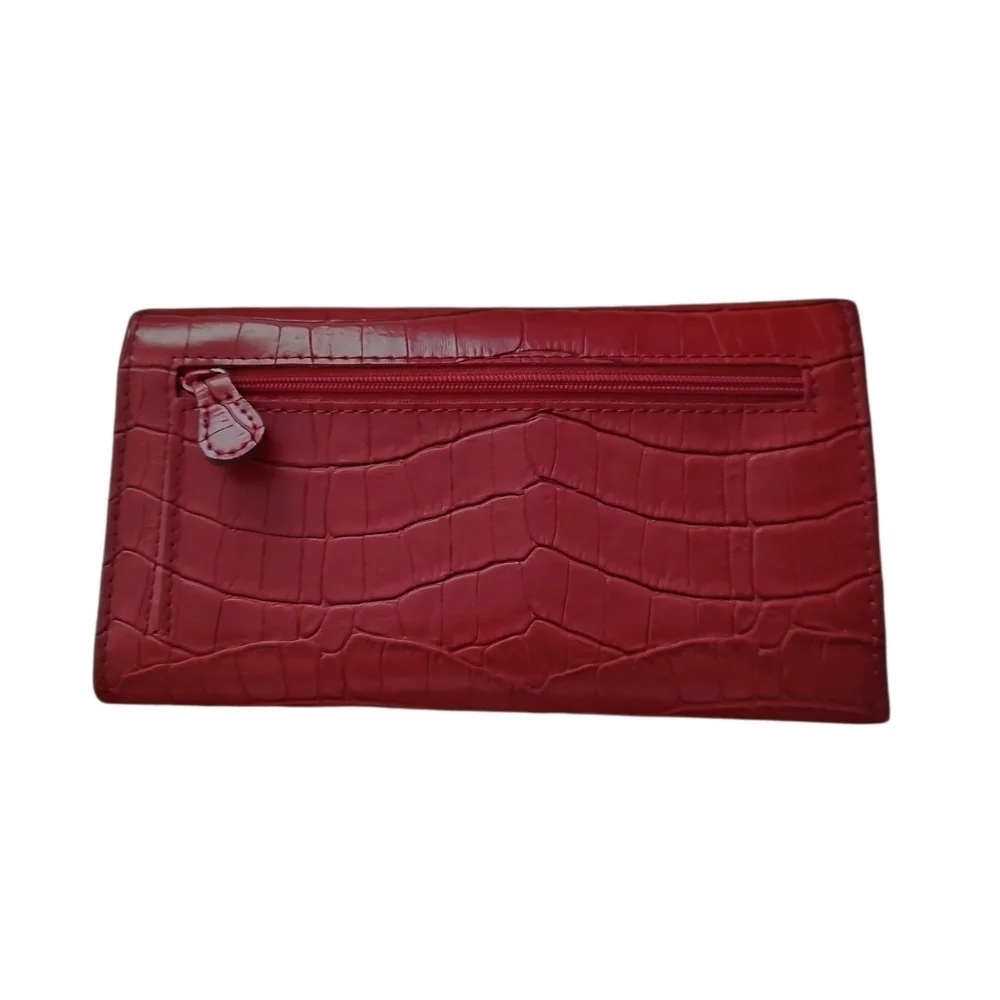 Maroon Red Crocodile-Embossed Clutch Or Long Wallet, Tri-fold